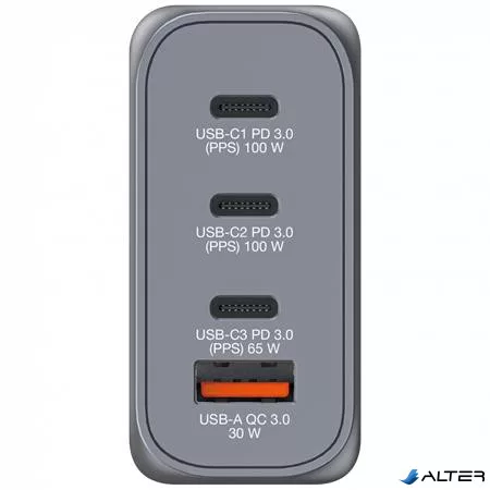 Hálózati töltő, 2xUSB-C PD (100W), USB-C PD (65W), USB-A QC 3.0, EU/UK/US, GaN, VERBATIM