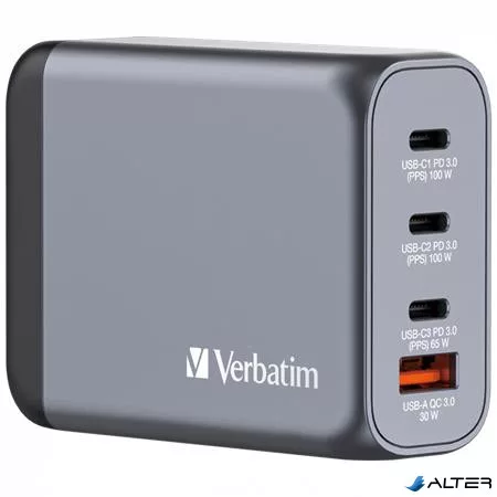 Hálózati töltő, 2xUSB-C PD (100W), USB-C PD (65W), USB-A QC 3.0, EU/UK/US, GaN, VERBATIM