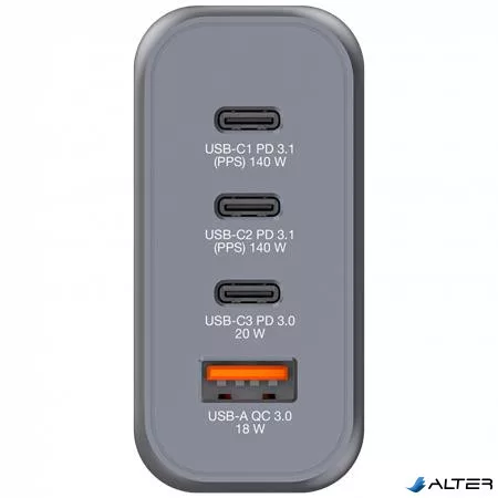 Hálózati töltő, 2xUSB-C PD (140W), USB-C PD (20W), USB-A QC 3.0, EU/UK/US, GaN, VERBATIM