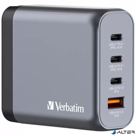 Hálózati töltő, 2xUSB-C PD (140W), USB-C PD (20W), USB-A QC 3.0, EU/UK/US, GaN, VERBATIM