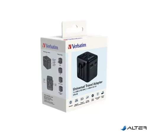 Utazóadapter, univerzális, USB-A(QC 3.0)/USB-C(PD20W)2xUSB, VERBATIM 'UTA-02'