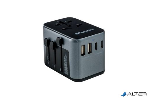 Utazó adapter, univerzális, USB-A(QC 3.0)/USB-C(PD30W)2xUSB, VERBATIM "UTA-03"