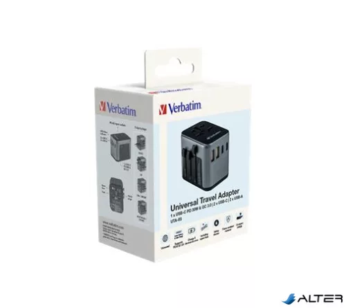 Utazóadapter, univerzális, USB-A(QC 3.0)/USB-C(PD30W)2xUSB, VERBATIM 'UTA-03'