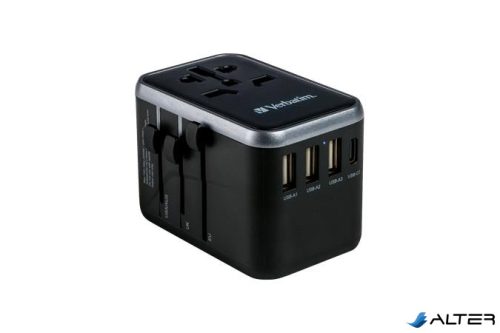 Utazó adapter, univerzális, USB-A(QC 3.0)/USB-C(PD61W)2xUSB, VERBATIM "UTA-04"