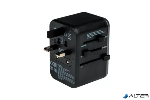 Utazóadapter, univerzális, USB-A(QC 3.0)/USB-C(PD61W)2xUSB, VERBATIM 'UTA-04'