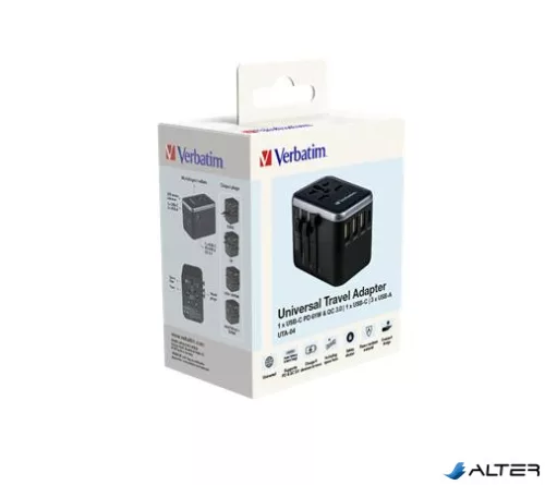 Utazóadapter, univerzális, USB-A(QC 3.0)/USB-C(PD61W)2xUSB, VERBATIM 'UTA-04'