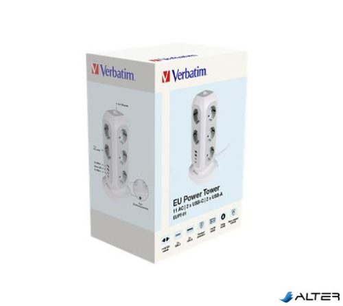 Elosztó, álló, 11 aljzat, 2xUSB-A, 2xUSB-C, VERBATIM 'EUPT-01'