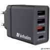 Hálózati töltő, 1xUSB-C PD (20W), USB-A QC 3.0, 2xUSB-A (10W), VERBATIM, fekete