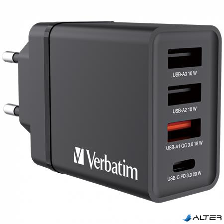 Hálózati töltő, 1xUSB-C PD (20W), USB-A QC 3.0, 2xUSB-A (10W), VERBATIM, fekete