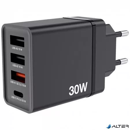 Hálózati töltő, 1xUSB-C PD (20W), USB-A QC 3.0, 2xUSB-A (10W), VERBATIM, fekete