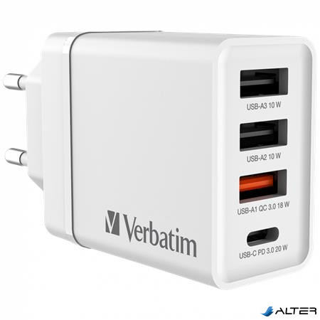 Hálózati töltő, 1xUSB-C PD (20W), USB-A QC 3.0, 2xUSB-A (10W), VERBATIM, fehér