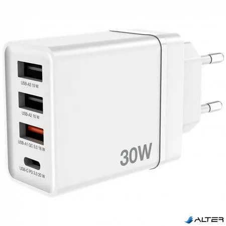 Hálózati töltő, 1xUSB-C PD (20W), USB-A QC 3.0, 2xUSB-A (10W), VERBATIM, fehér