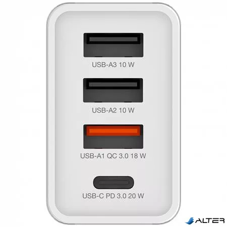Hálózati töltő, 1xUSB-C PD (20W), USB-A QC 3.0, 2xUSB-A (10W), VERBATIM, fehér