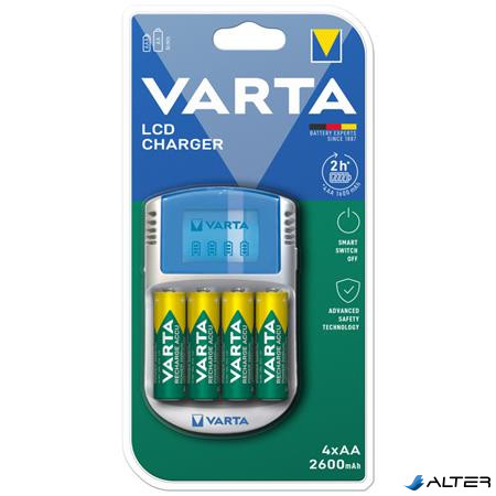 Elemtöltő, AA ceruza/AAA mikro, 4x2600 mAh AA, LCD kijelző, 12V USB, VARTA