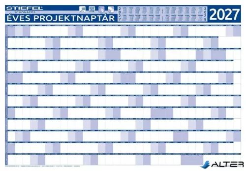 Éves tervező és projekt naptár, kétoldalas, fémléces, kék színű filctollal, 70x100 cm, 2027 évi, STIEFEL