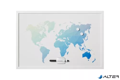 Üzenőtábla, mágneses, 60x40 cm, fehér fa keret, VICTORIA VISUAL, "Világtérkép"